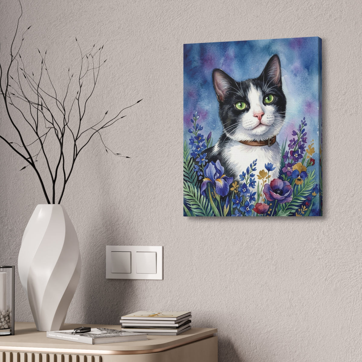 Custom Pet Art: Lunar Blossom Watercolor Cat Portrait