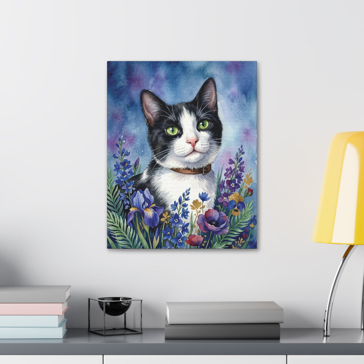 Custom Pet Art: Lunar Blossom Watercolor Cat Portrait
