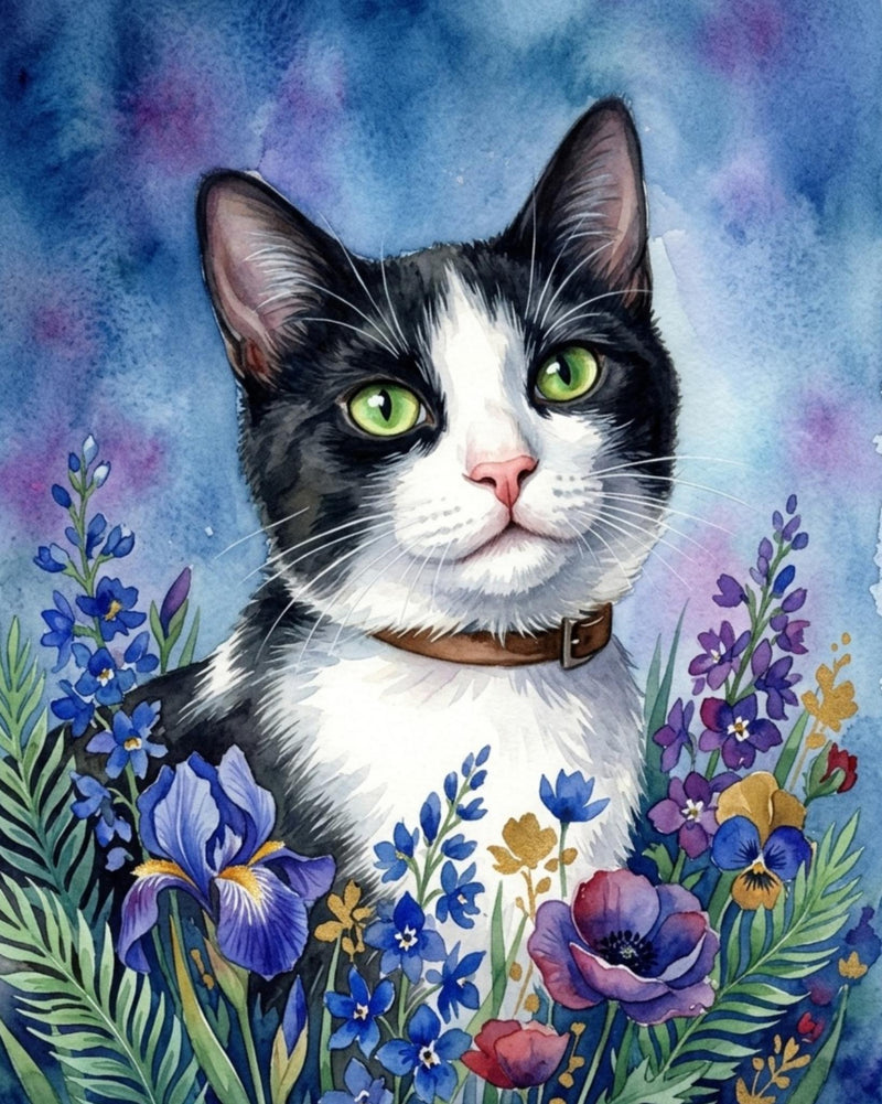 Custom Pet Art: Lunar Blossom Watercolor Cat Portrait