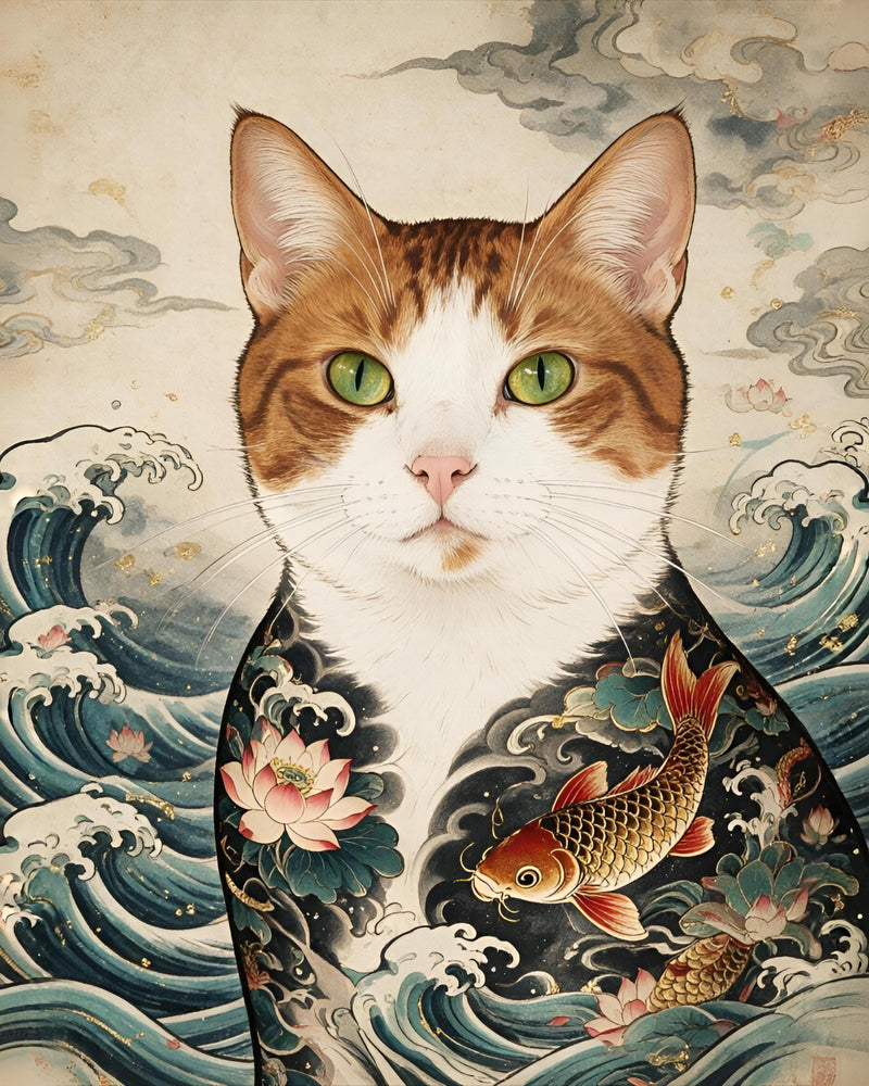 Custom Pet Art: Japanese Ukiyo-e Style - Cat Portrait
